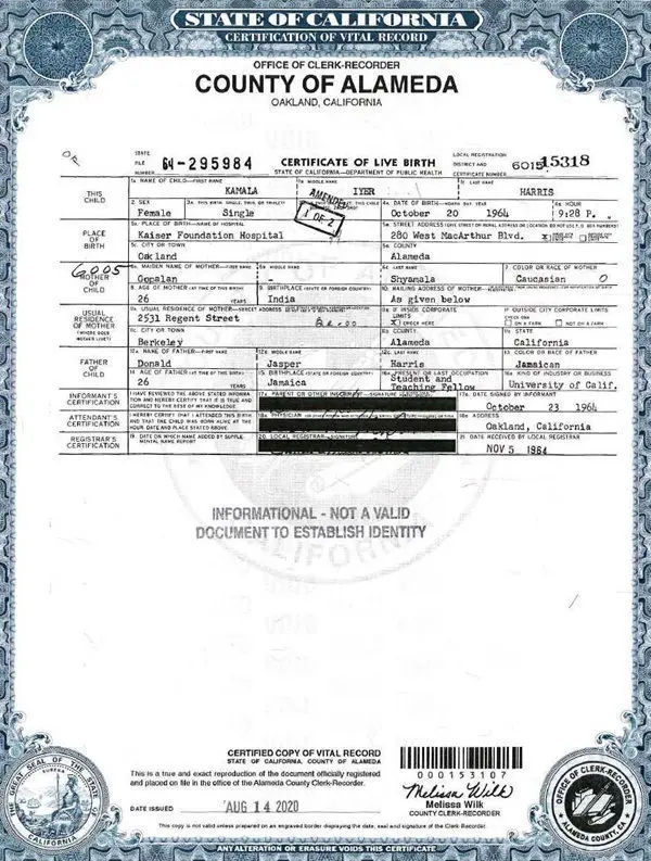 Kamala Harriss birth certificate.